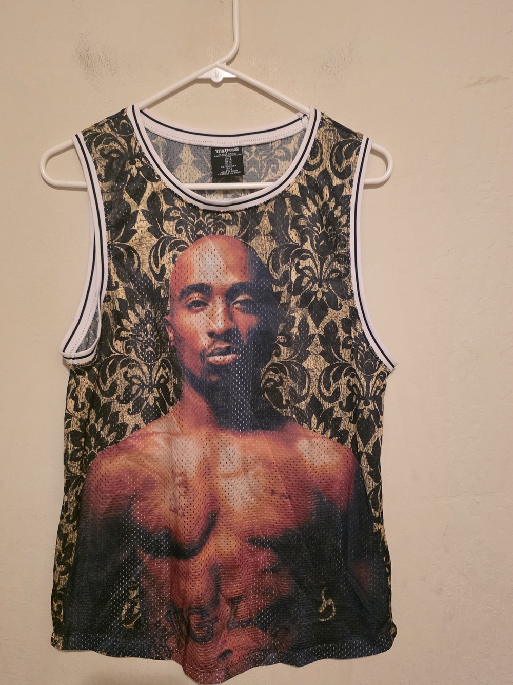 Tupac Graphic Mesh Tank Top / Jersey with Hip-Hop Portrait - Black &Gold  Size S